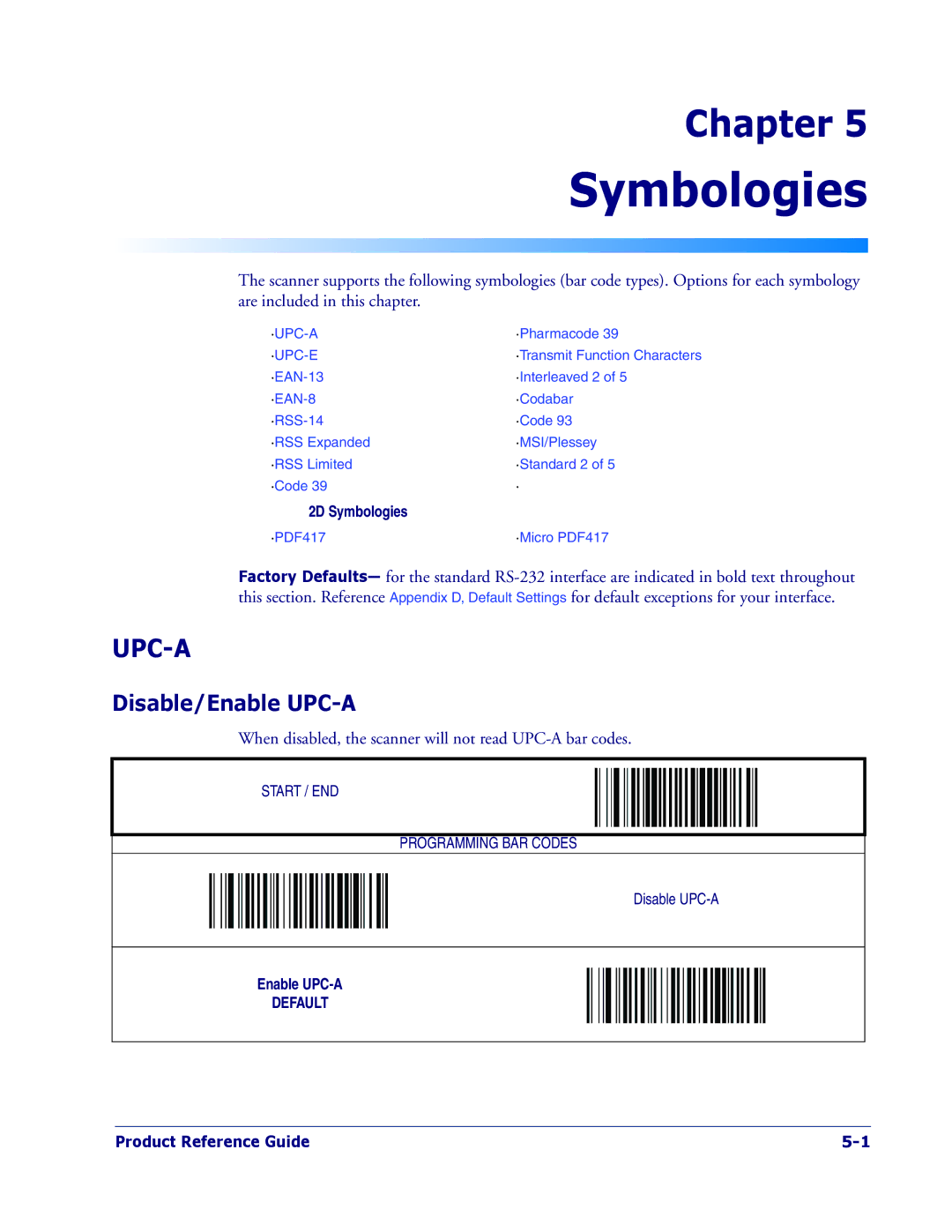 PSC 1400I manual Symbologies, Disable/Enable UPC-A 