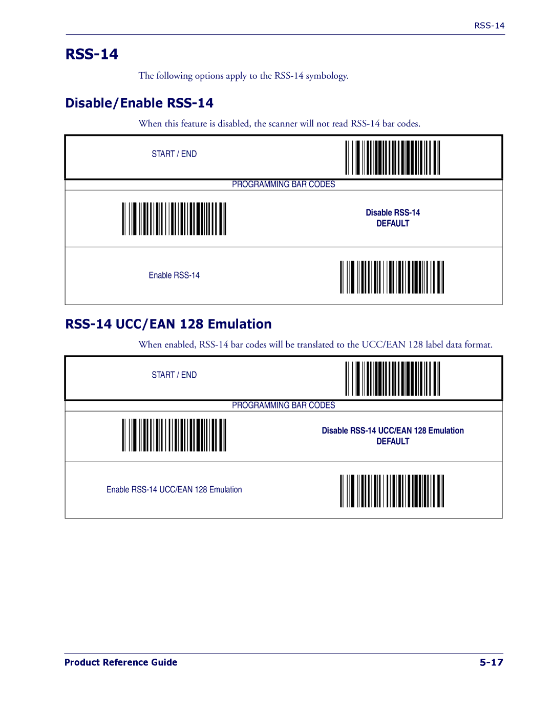 PSC 1400I manual Disable/Enable RSS-14, RSS-14 UCC/EAN 128 Emulation 