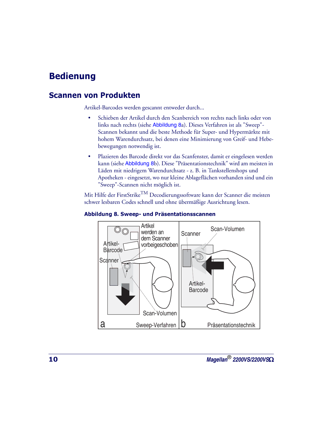 PSC 2200VS manual Bedienung, Scannen von Produkten, Abbildung 8. Sweep- und Präsentationsscannen 