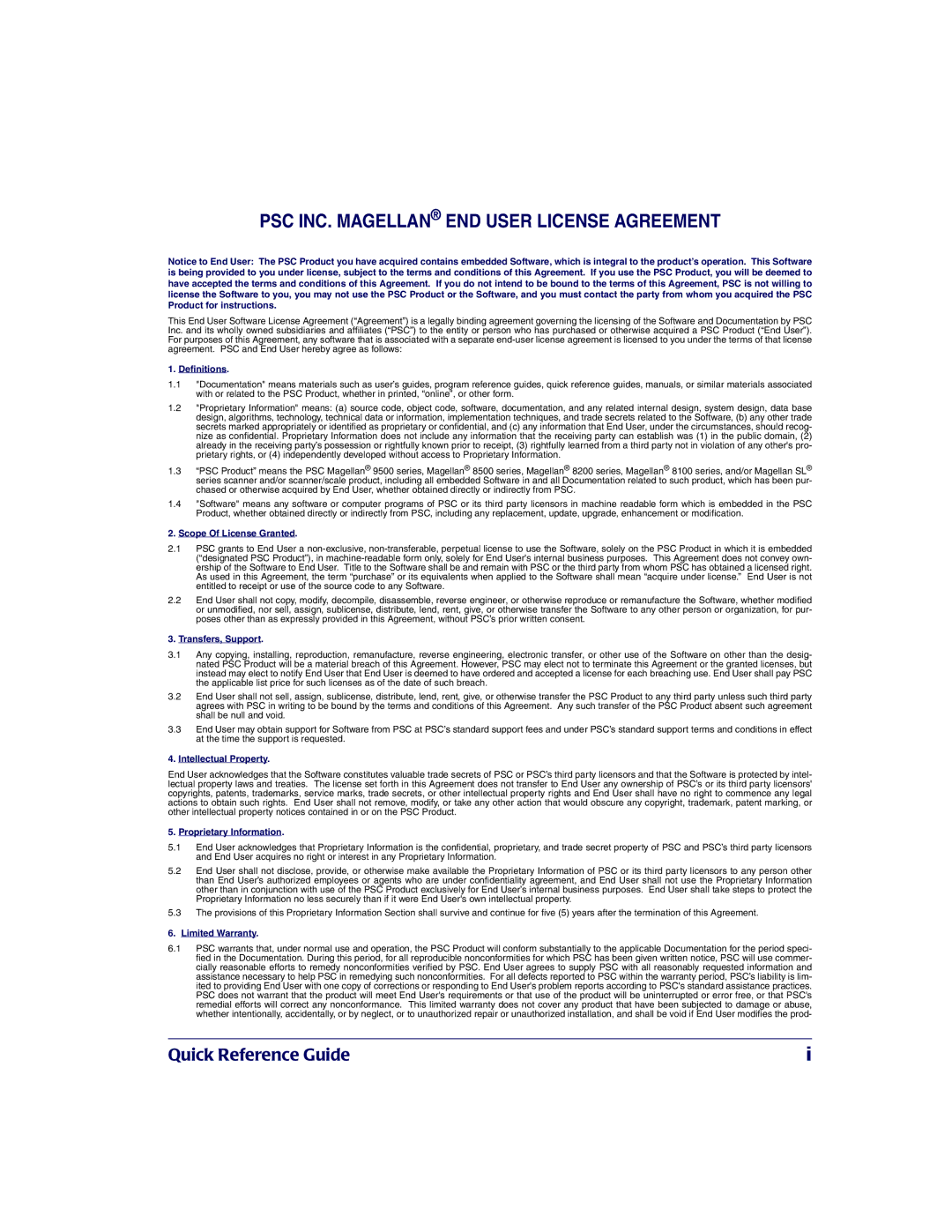 PSC 2200VS manual PSC INC. Magellan END User License Agreement 