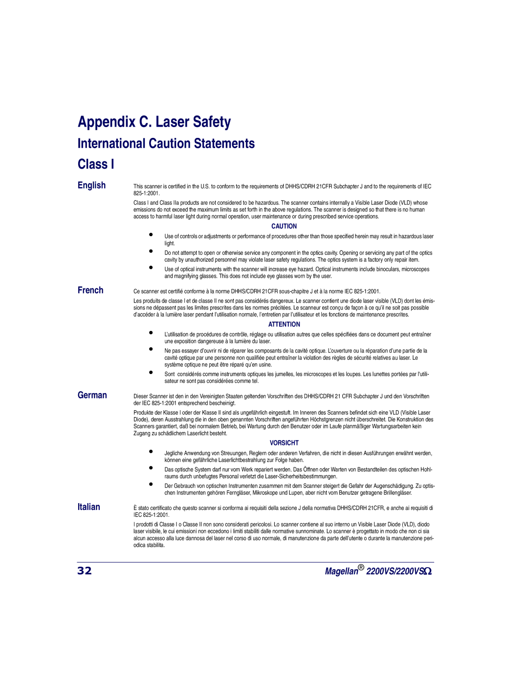 PSC 2200VS manual Appendix C. Laser Safety 