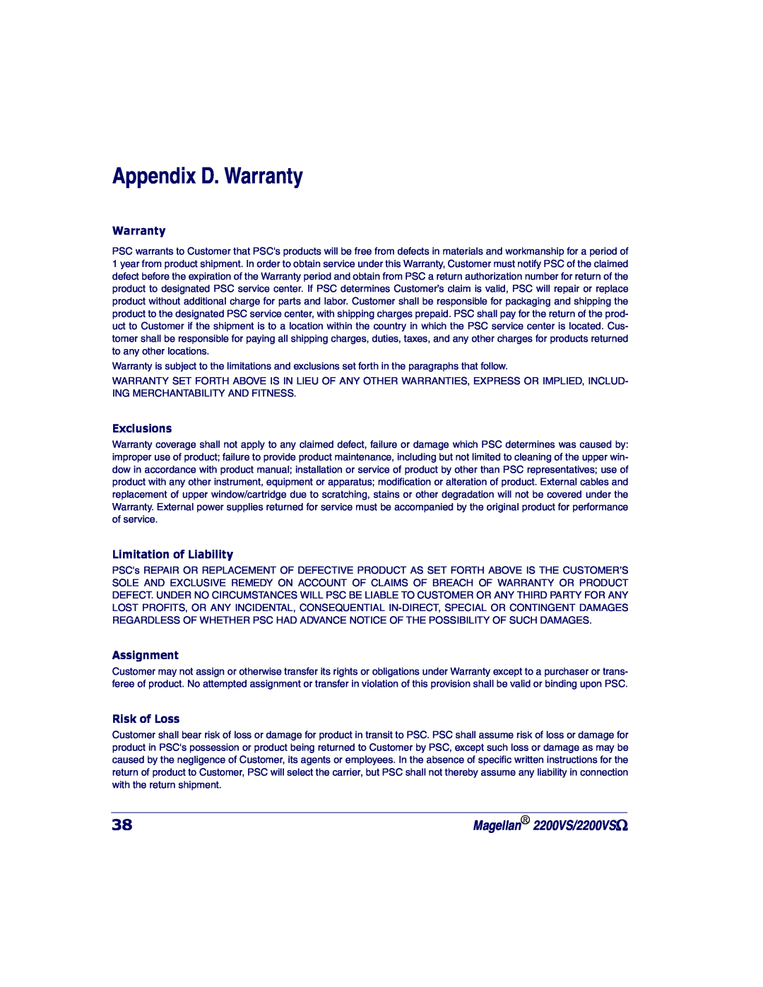 PSC manual Appendix D. Warranty, Exclusions, Limitation of Liability, Assignment, Risk of Loss, Magellan 2200VS/2200VSΩ 