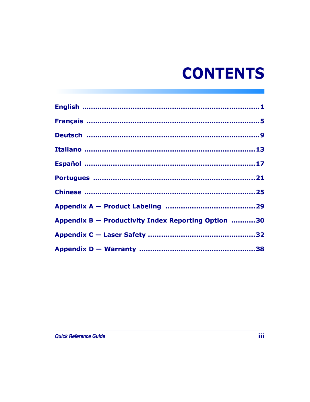 PSC 2200VS Contents, Appendix A - Product Labeling, Appendix B - Productivity Index Reporting Option, English, Français 