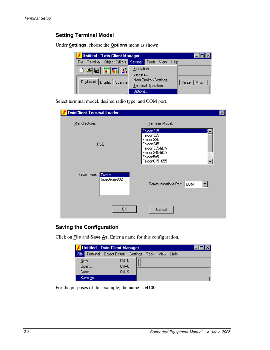 PSC 315 manual Setting Terminal Model, Saving the Configuration 