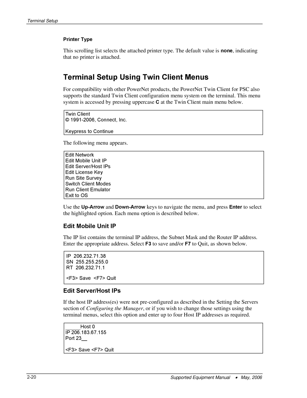 PSC 315 manual Terminal Setup Using Twin Client Menus, Edit Mobile Unit IP, Edit Server/Host IPs 