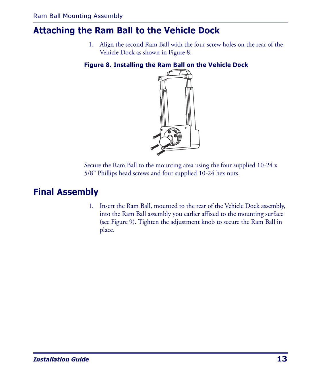 PSC 4400 Series manual Attaching the Ram Ball to the Vehicle Dock, Final Assembly 