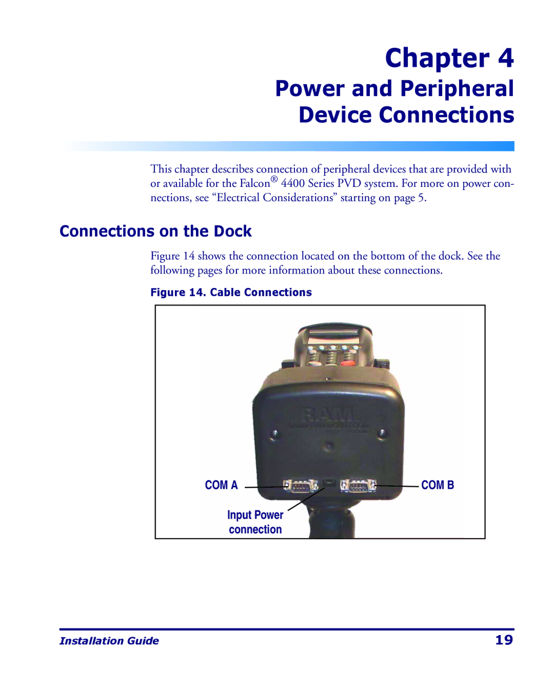 PSC 4400 Series manual Power and Peripheral Device Connections, Connections on the Dock 