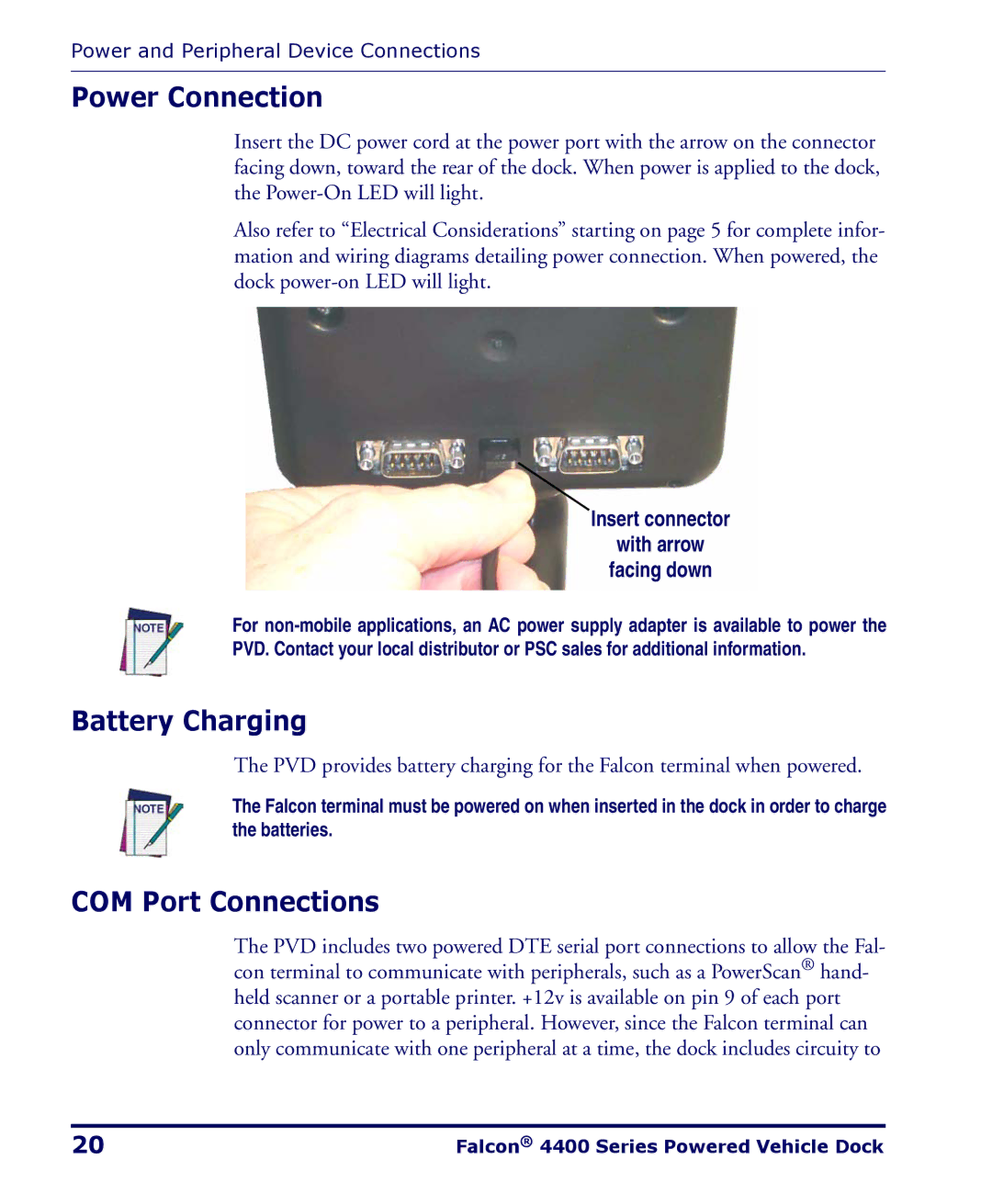 PSC 4400 Series manual Power Connection, Battery Charging, COM Port Connections 