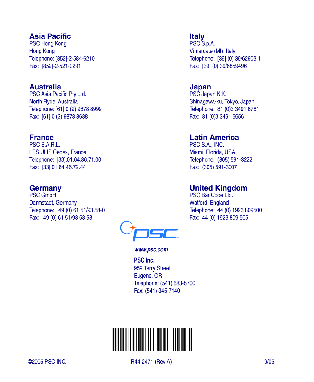 PSC 4400 Series manual Asia Pacific Italy 