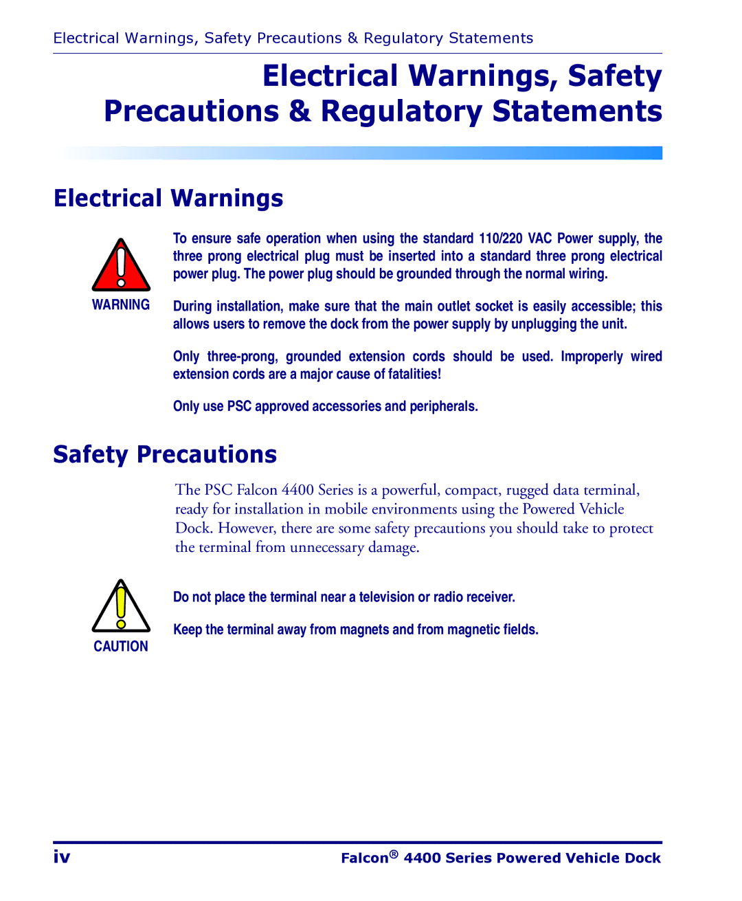 PSC 4400 Series manual Electrical Warnings, Safety Precautions 