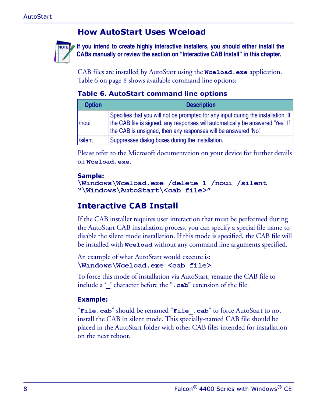 PSC 4410 manual How AutoStart Uses Wceload, Interactive CAB Install, AutoStart command line options, Sample, Example 