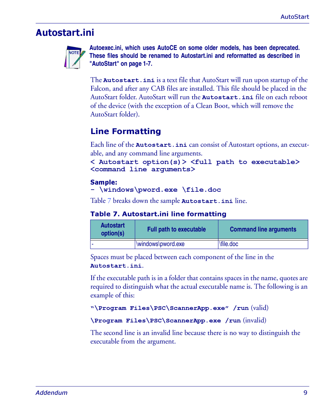 PSC 4410 manual Line Formatting, Autostart.ini line formatting, Options 