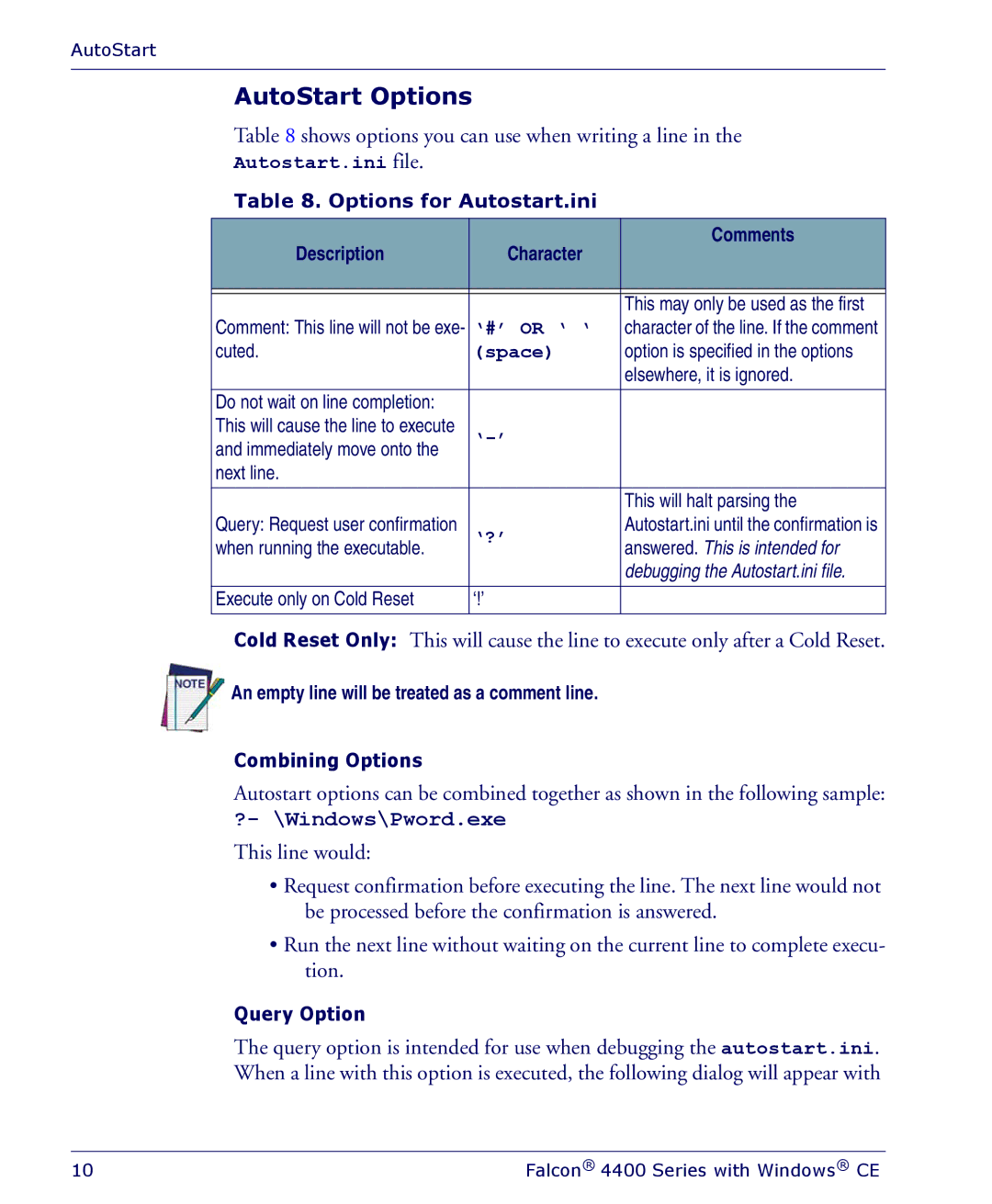 PSC 4410 manual AutoStart Options, Options for Autostart.ini, Combining Options, Query Option 