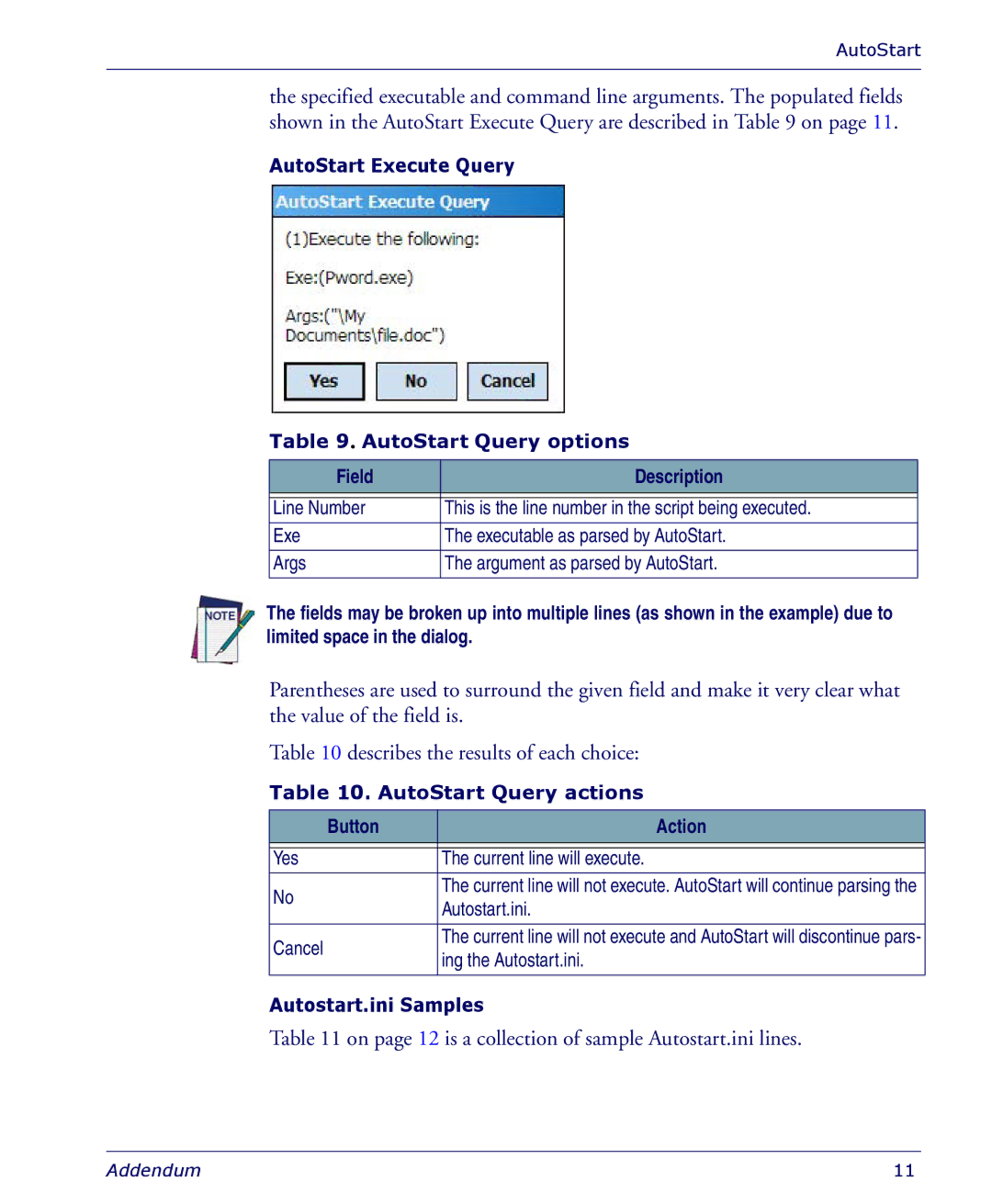 PSC 4410 manual AutoStart Execute Query AutoStart Query options, Field Description, AutoStart Query actions, Button Action 