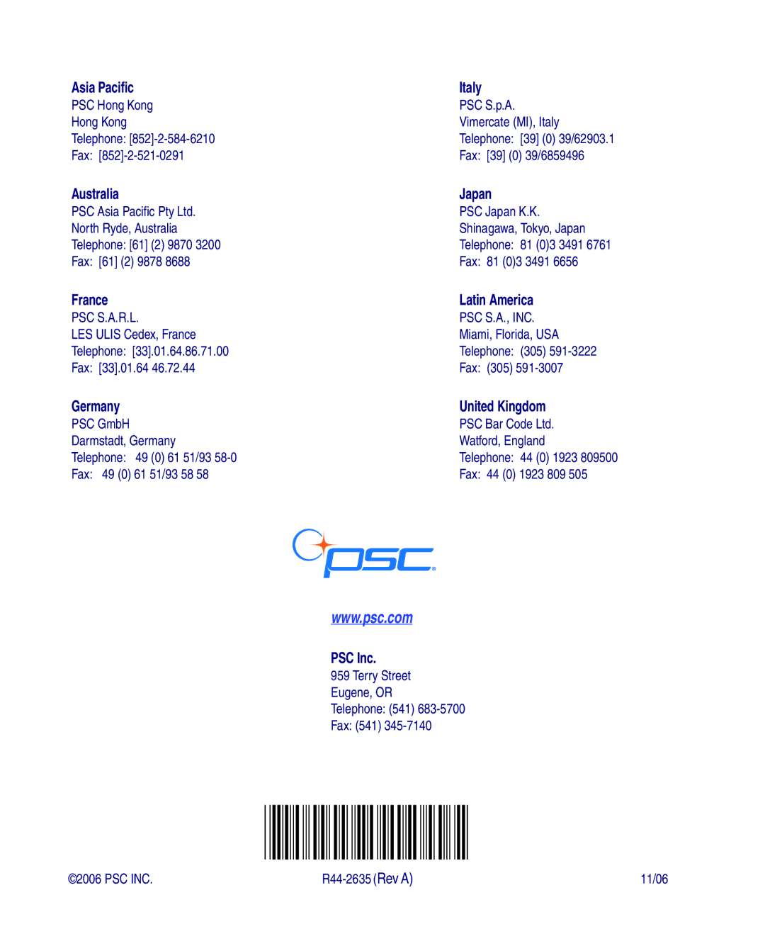 PSC 4410 manual Asia Pacific Italy, Australia Japan, France Latin America, Germany United Kingdom 