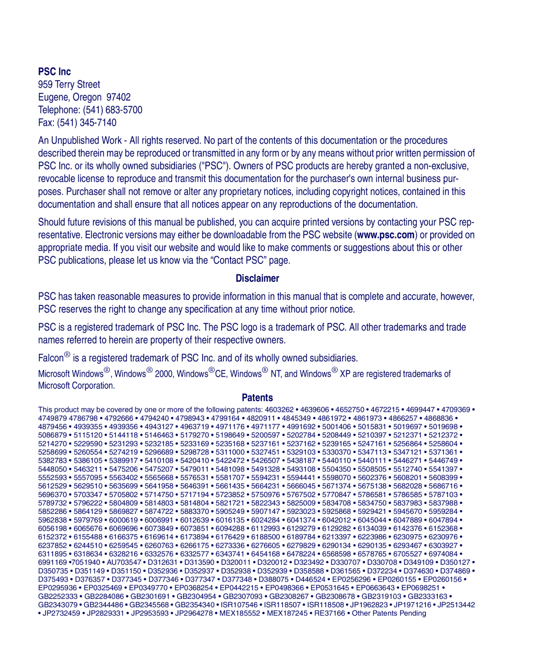 PSC 4410 manual PSC Inc, Disclaimer, Patents 