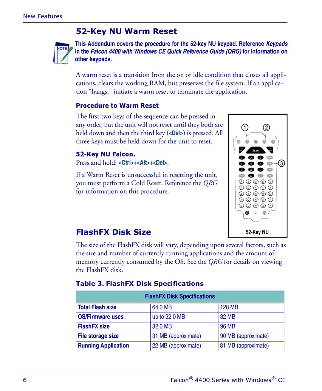 PSC 4410 manual Key NU Warm Reset, FlashFX Disk Size, Procedure to Warm Reset, Key NU Falcon, FlashFX Disk Specifications 