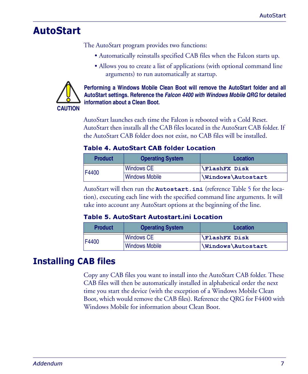 PSC 4410 Information about a Clean Boot, AutoStart CAB folder Location, Product Operating System Location F4400 Windows CE 