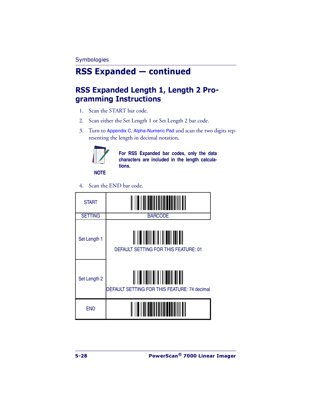 PSC 7000 manual RSS Expanded Length 1, Length 2 Pro- gramming Instructions 