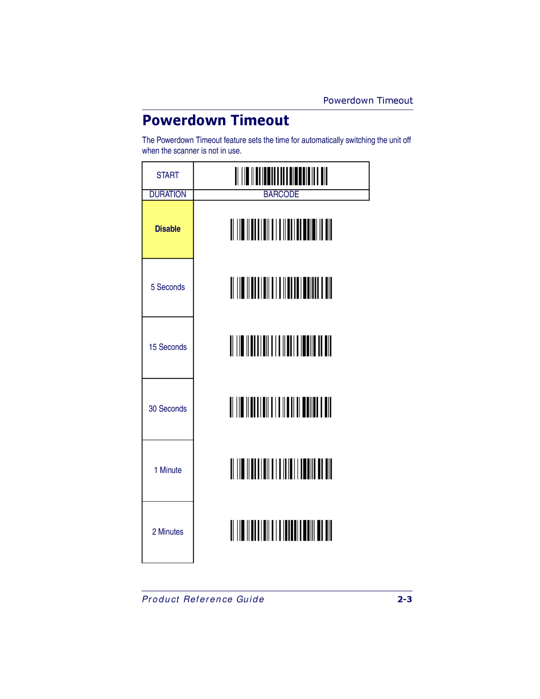 PSC 7000 manual Powerdown Timeout, Disable 