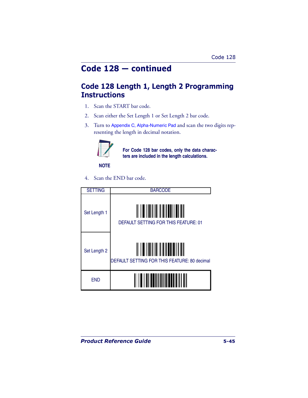 PSC 7000 manual Code 128 Length 1, Length 2 Programming Instructions 