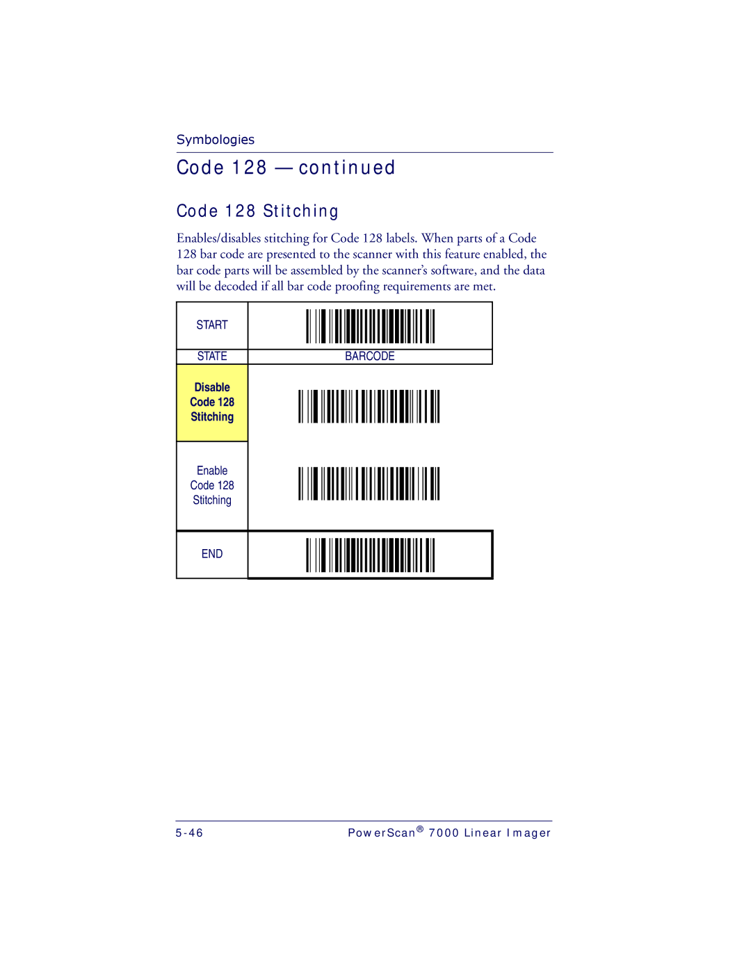 PSC 7000 manual Code 128 Stitching, Disable Code Stitching 