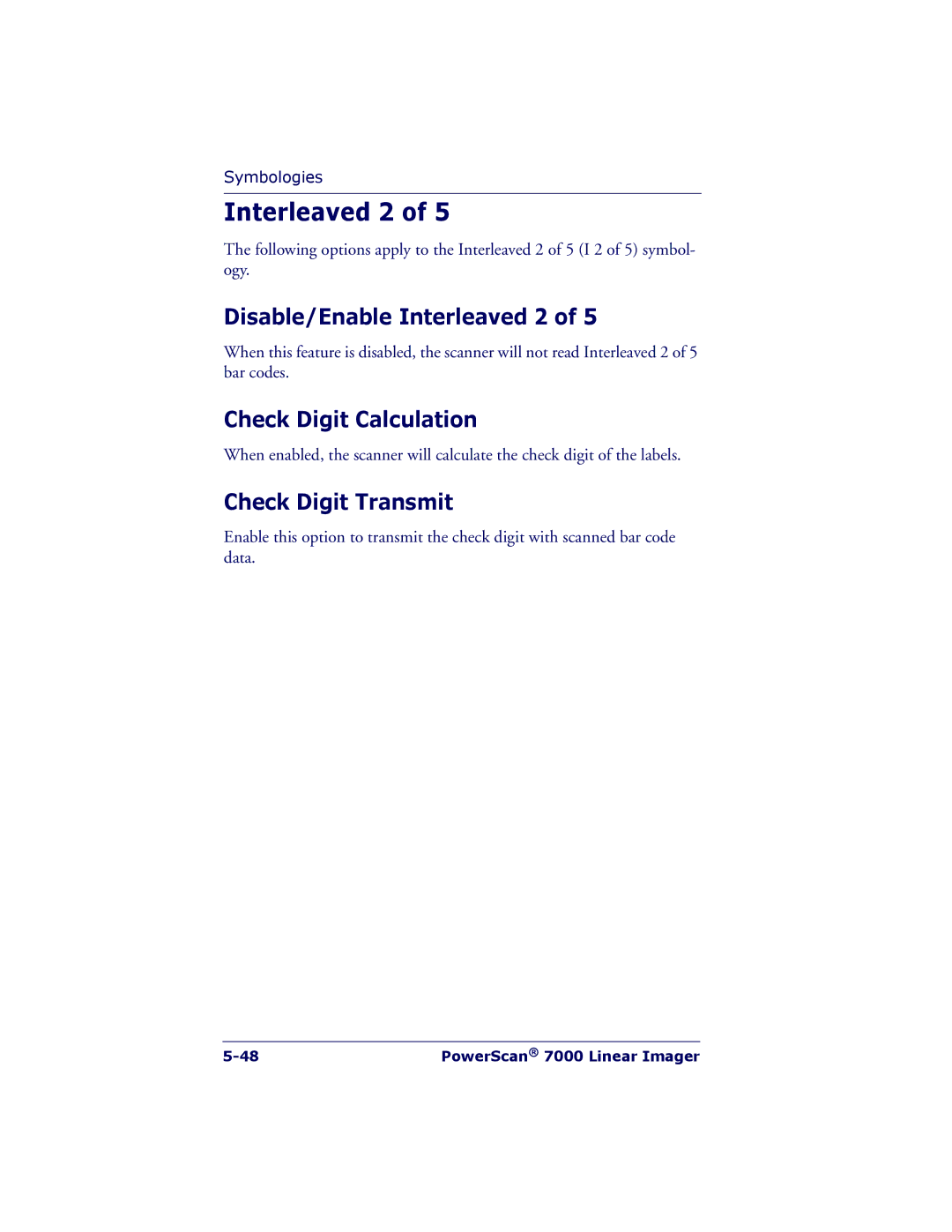 PSC 7000 manual Disable/Enable Interleaved 2, Check Digit Calculation, Check Digit Transmit 