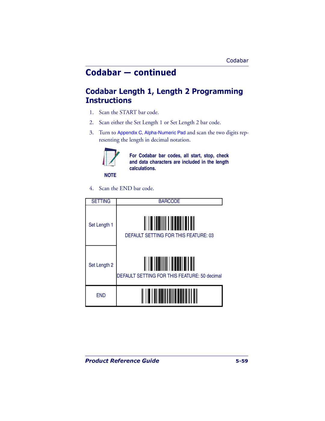 PSC 7000 manual Codabar Length 1, Length 2 Programming Instructions 