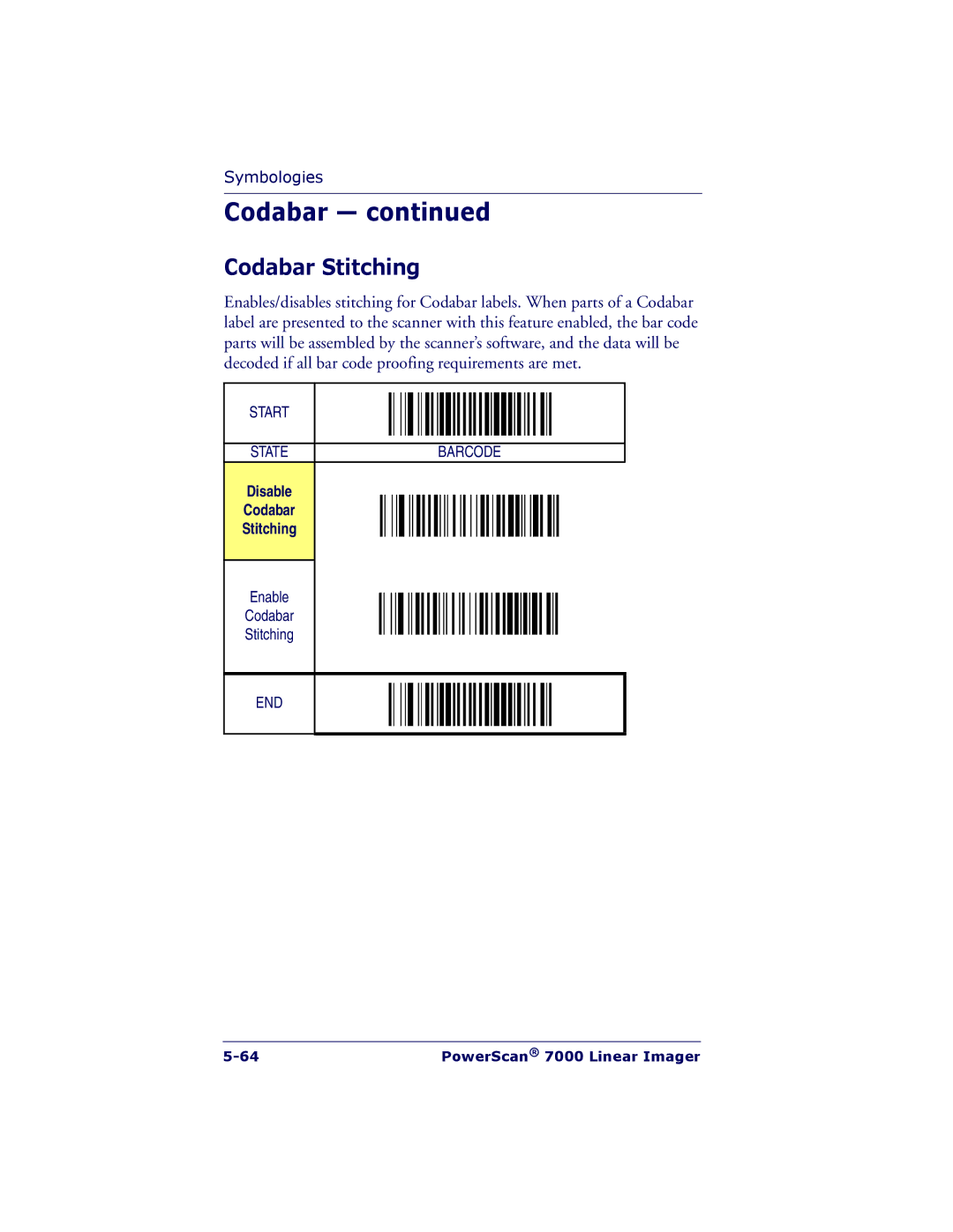 PSC 7000 manual Disable Codabar Stitching 