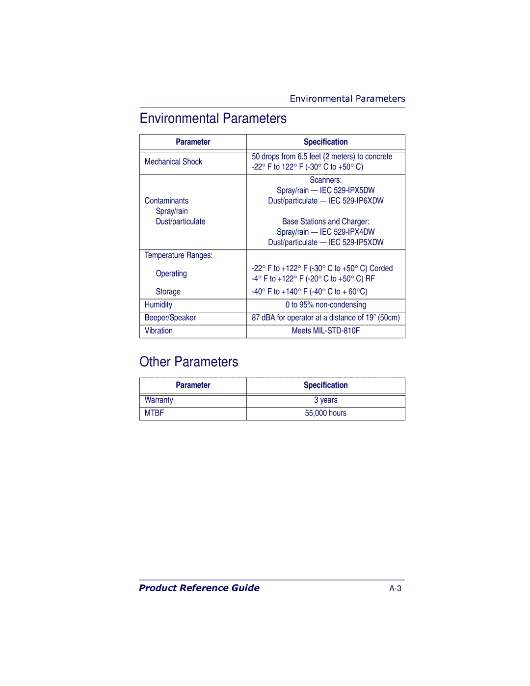 PSC 7000 manual Environmental Parameters, Other Parameters 