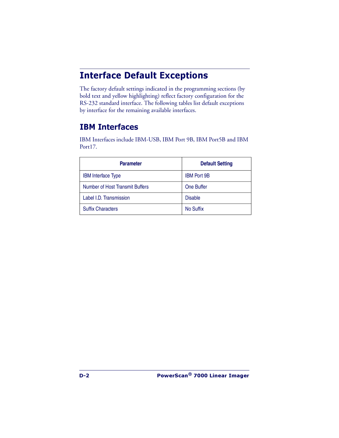 PSC 7000 manual Interface Default Exceptions, IBM Interfaces, Parameter Default Setting 