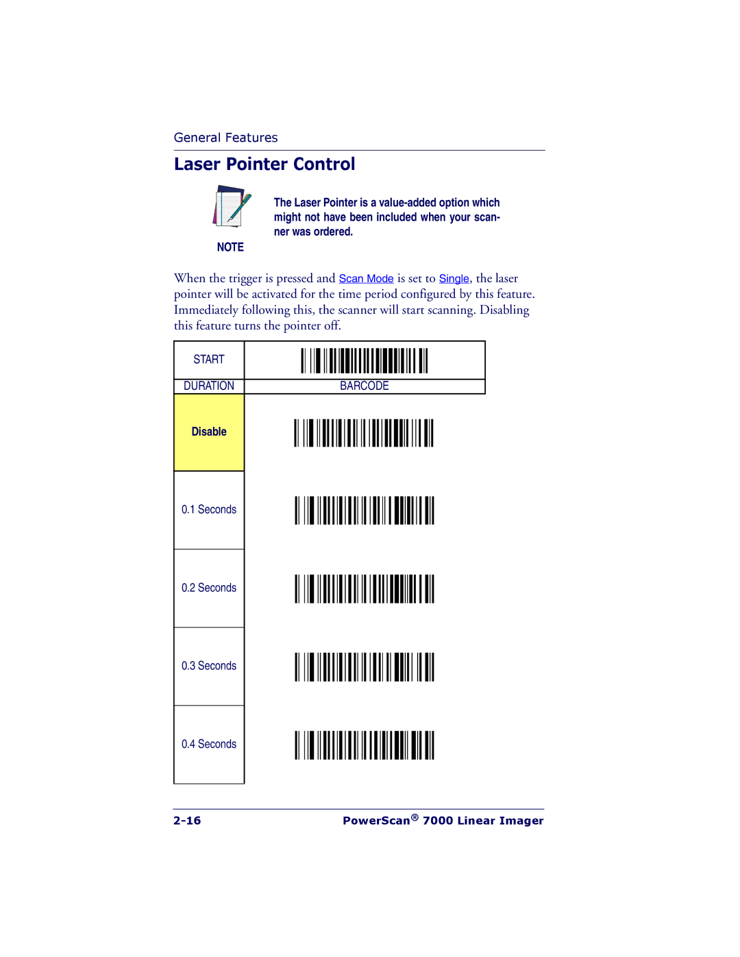 PSC 7000 manual Laser Pointer Control, Disable 