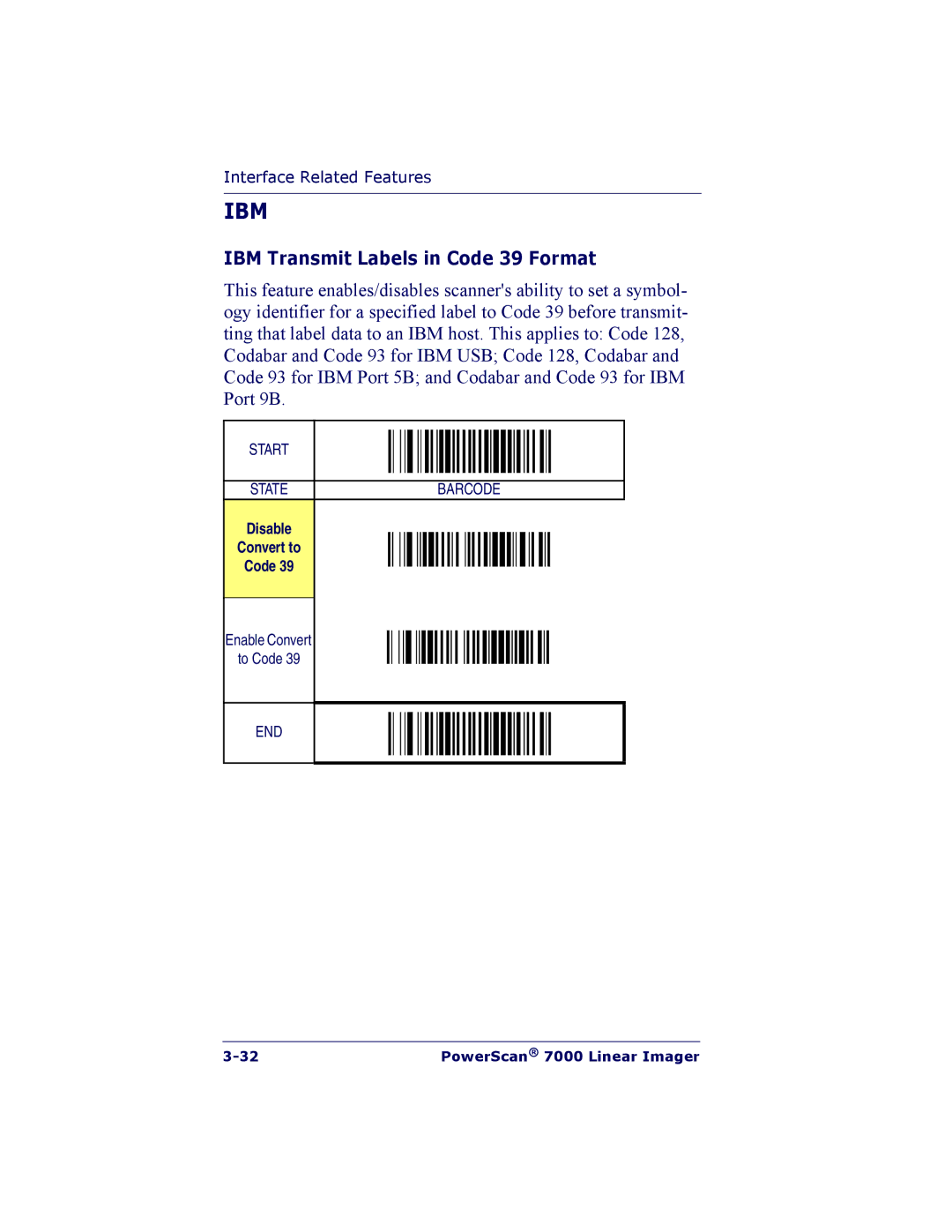 PSC 7000 manual IBM Transmit Labels in Code 39 Format, Disable Convert to Code 