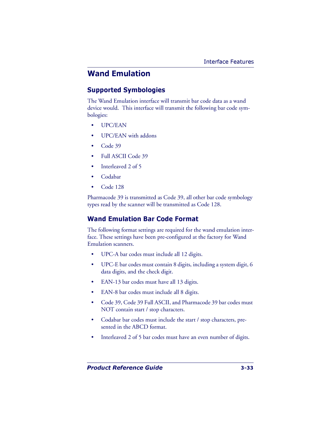 PSC 7000 manual Supported Symbologies, Wand Emulation Bar Code Format 