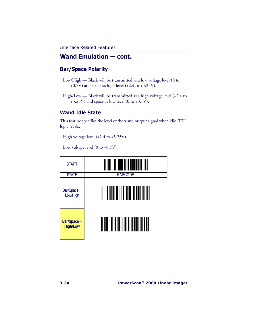 PSC 7000 manual Bar/Space Polarity, Wand Idle State, Bar/Space = High/Low 