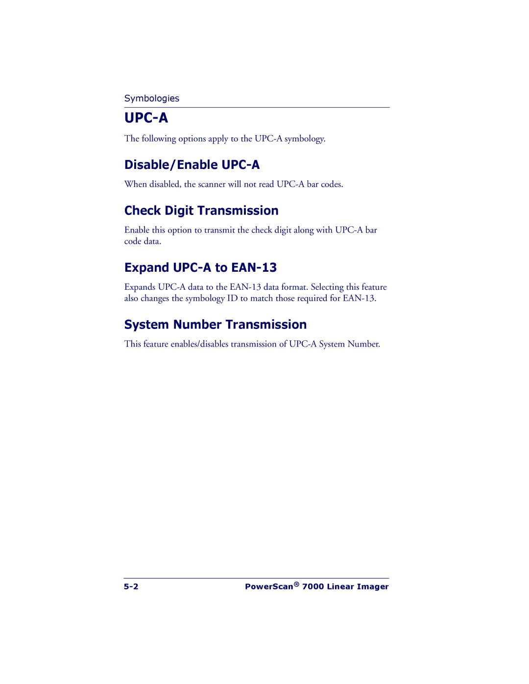 PSC 7000 manual Disable/Enable UPC-A, Check Digit Transmission, Expand UPC-A to EAN-13, System Number Transmission 