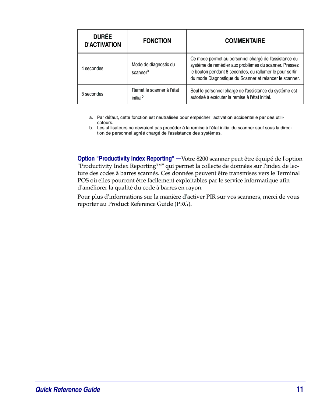 PSC 8200, 8100 manual Mode de diagnostic du, Scannera, Initialb Autorisé à exécuter la remise à létat initial 