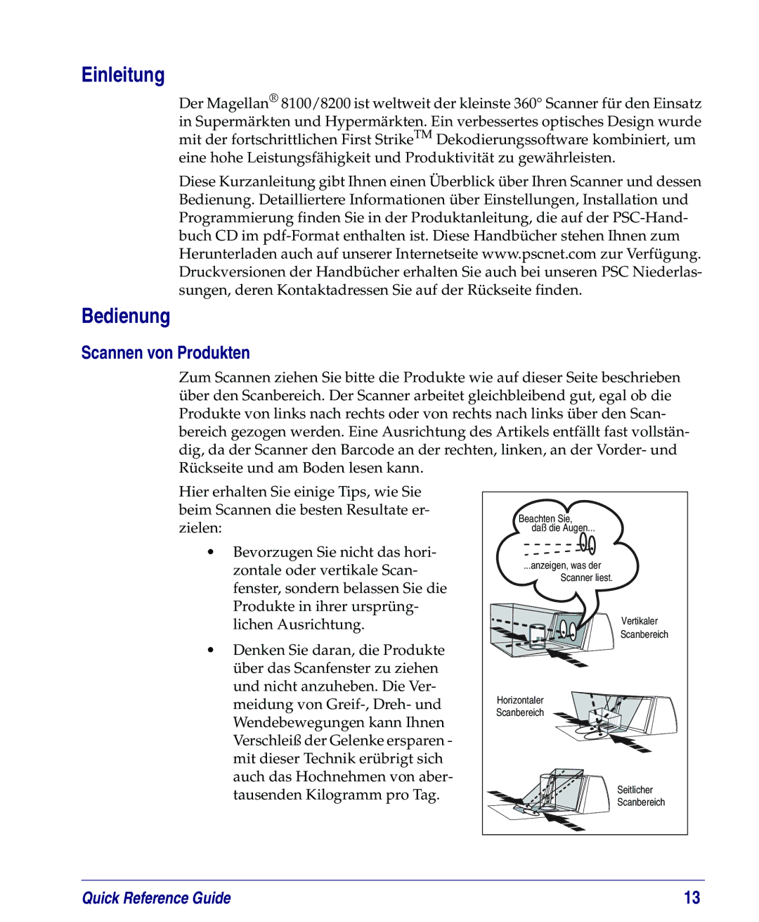 PSC 8200, 8100 manual Einleitung, Bedienung, Scannen von Produkten 