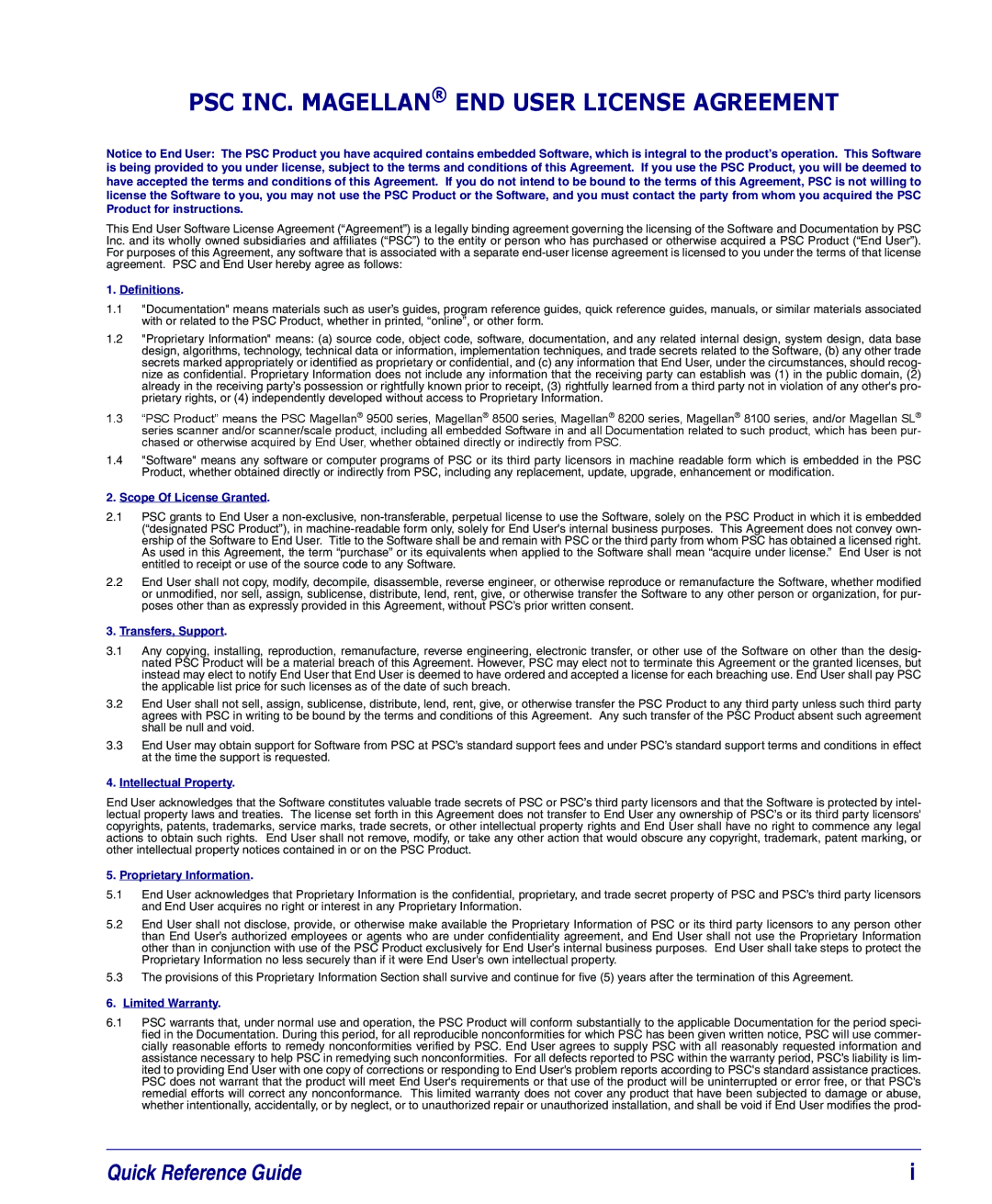 PSC 8200, 8100 manual PSC INC. Magellan END User License Agreement 