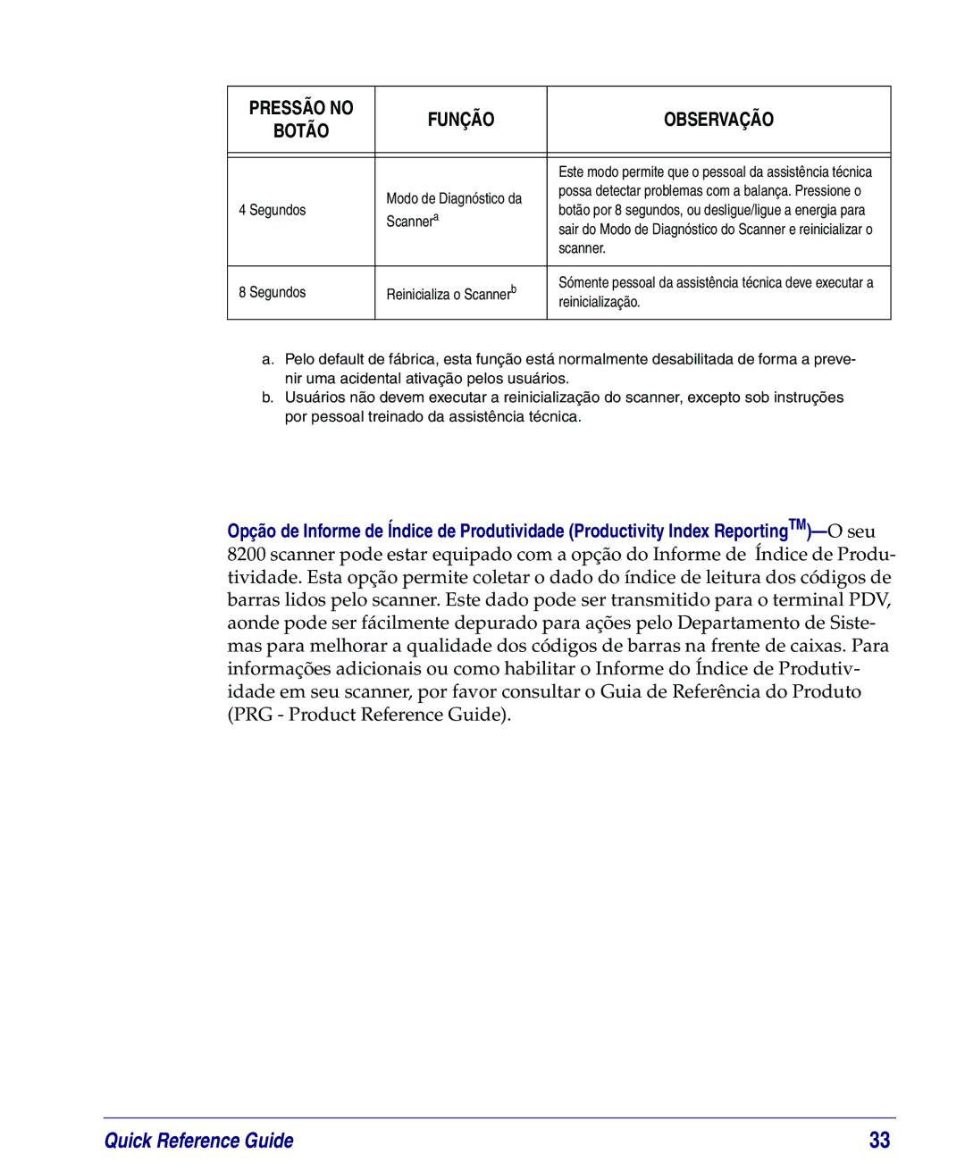 PSC 8200, 8100 manual Segundos Reinicializa o Scannerb, Reinicialização 