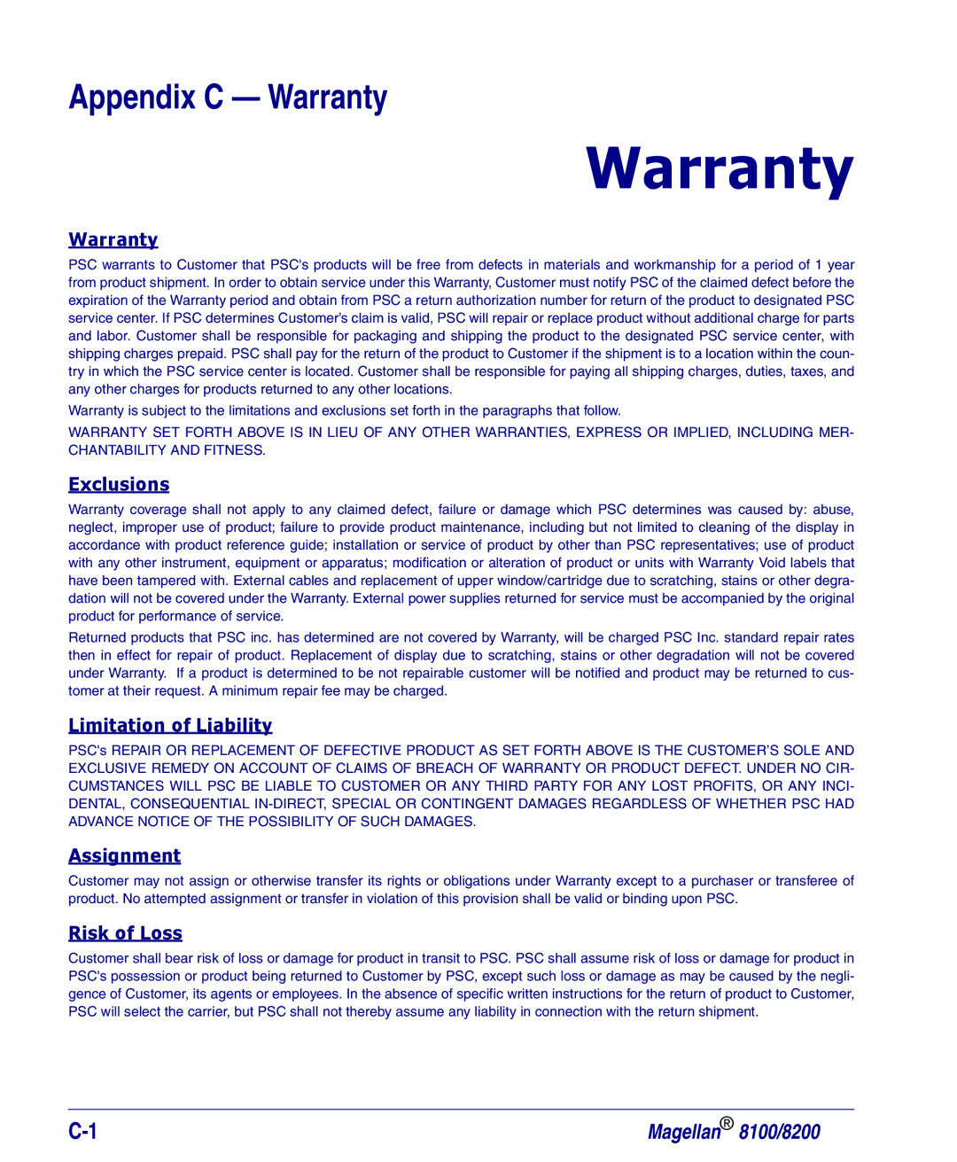 PSC 8100, 8200 manual Warranty 