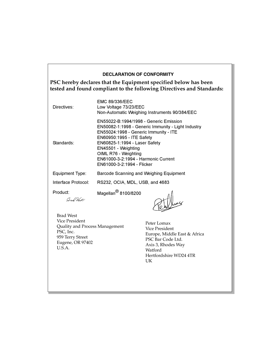 PSC 8200, 8100 manual Declaration of Conformity 