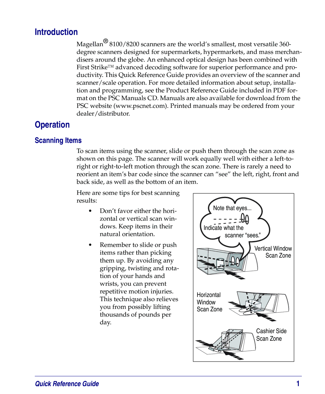 PSC 8200, 8100 manual Introduction Operation, Scanning Items, Scan Zone 