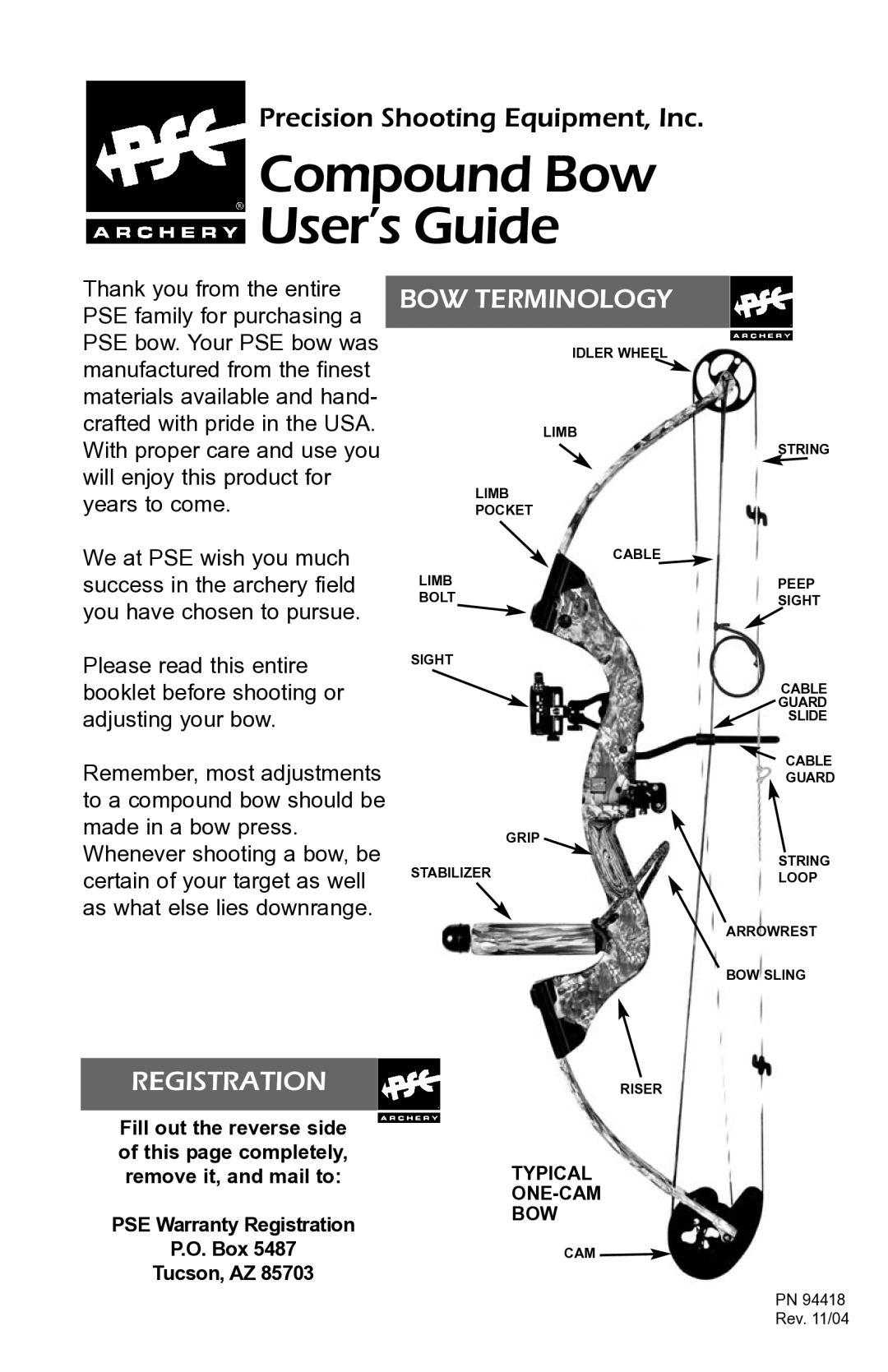 PSC 94418 warranty Registration, BOW Terminology 