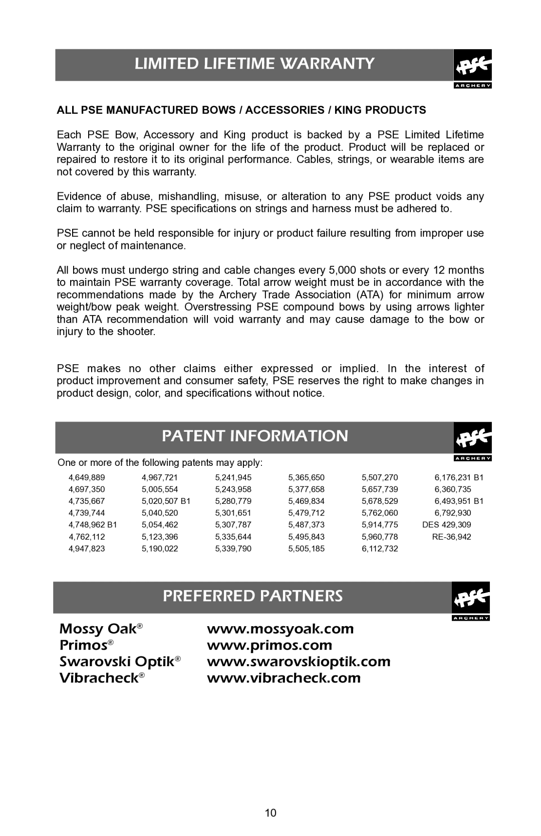 PSC 94418 warranty Limited Lifetime Warranty, Patent Information, Preferred Partners 