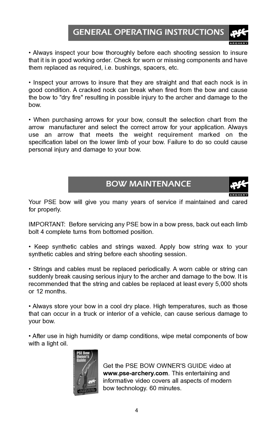 PSC 94418 warranty General Operating Instructions, BOW Maintenance 