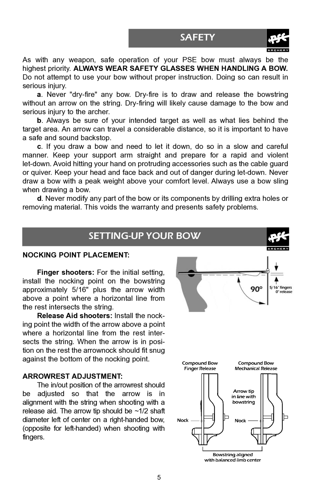 PSC 94418 warranty Safety, SETTING-UP Your BOW, Nocking Point Placement, Arrowrest Adjustment 