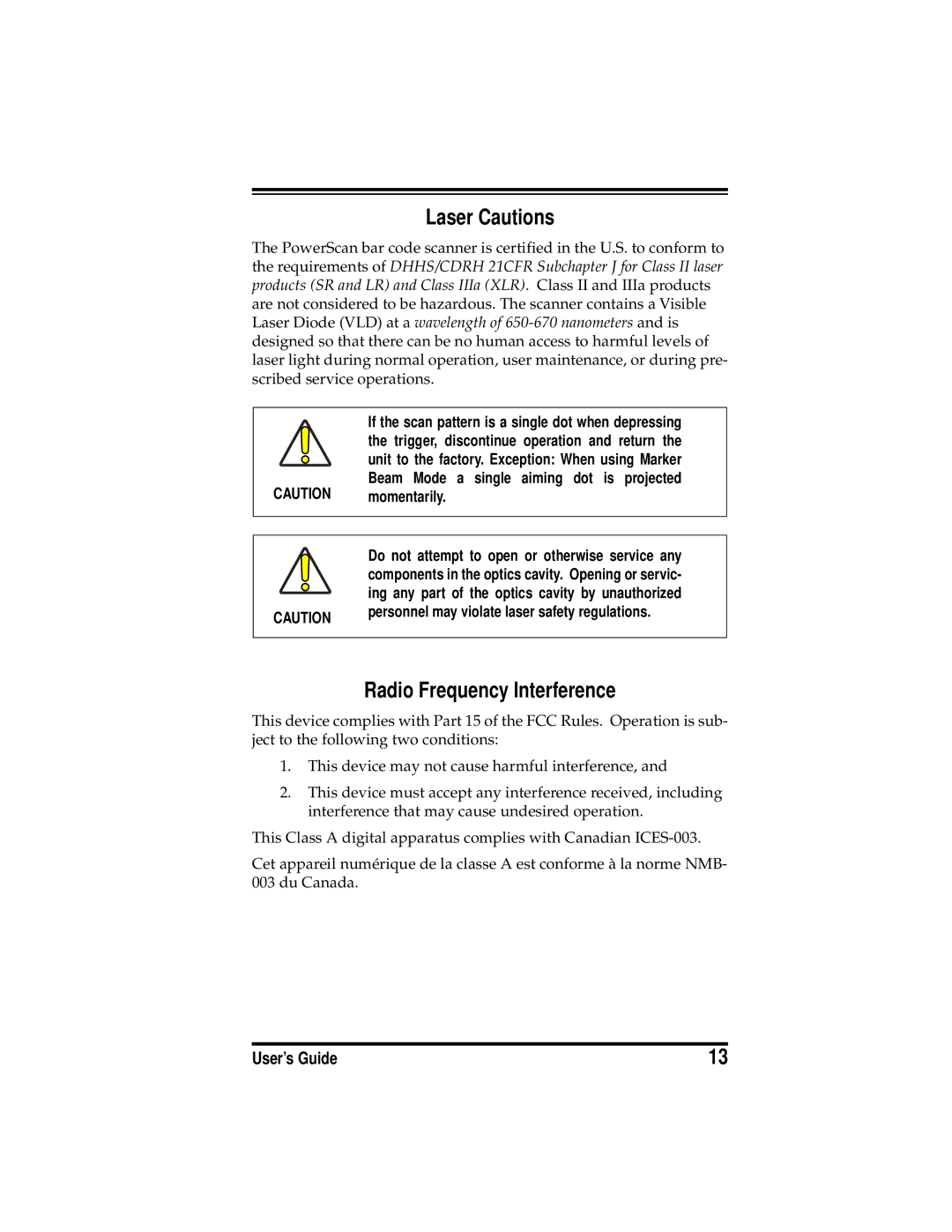 PSC LR, XLR manual Laser Cautions, Radio Frequency Interference, Momentarily 