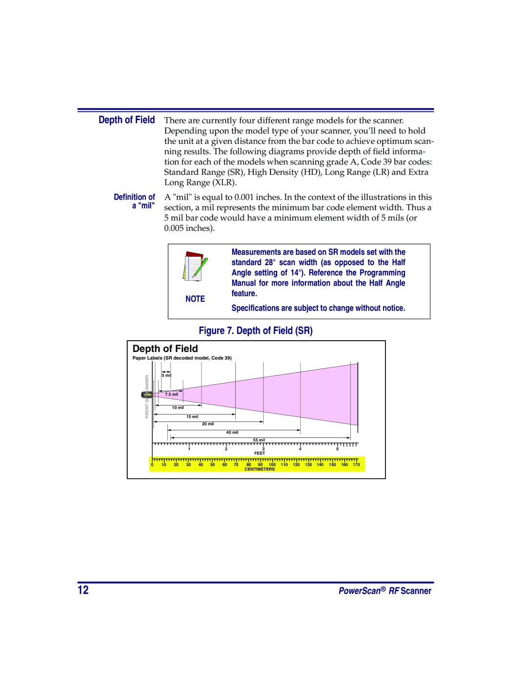 PSC PowerScan RF manual Depth of Field, Specifications are subject to change without notice 