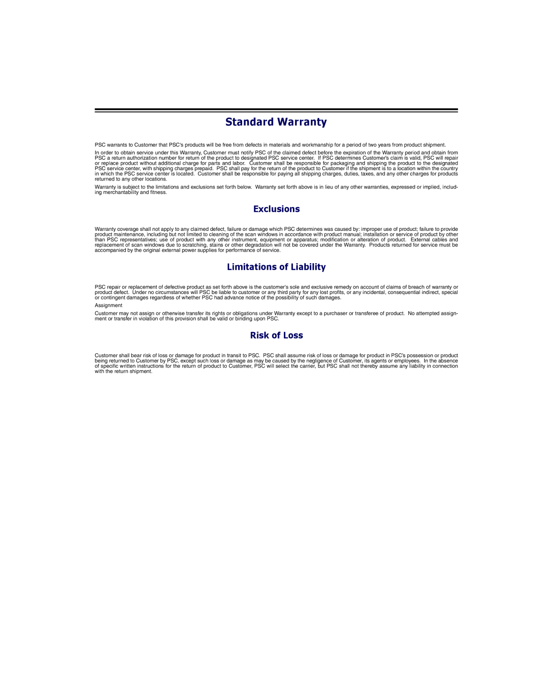 PSC PowerScan RF manual Standard Warranty 